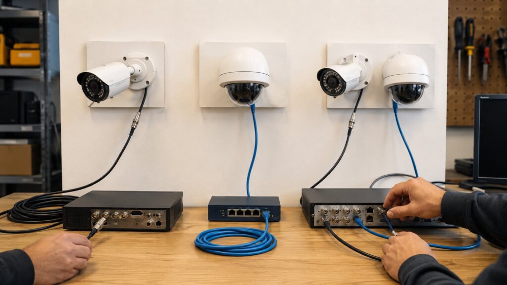 Scène réaliste liée à Caméra IP, analogique ou hybride : quel système choisir ?