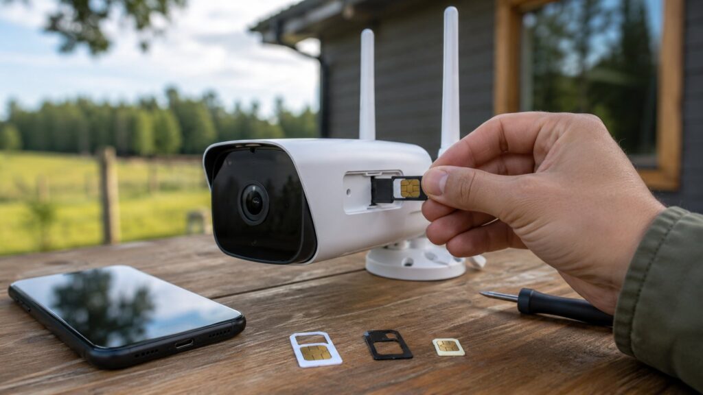 Scène réaliste liée à Carte SIM caméra 4G : compatibilité, réseau et data