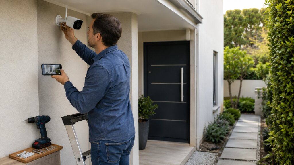 Scène réaliste liée à Installer une caméra Wi-Fi extérieure : étapes clés