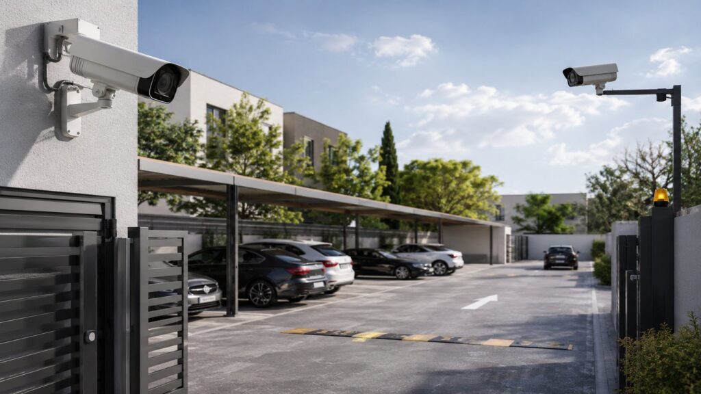 Scène réaliste liée à Sécuriser un parking privé : caméras, angles et règles